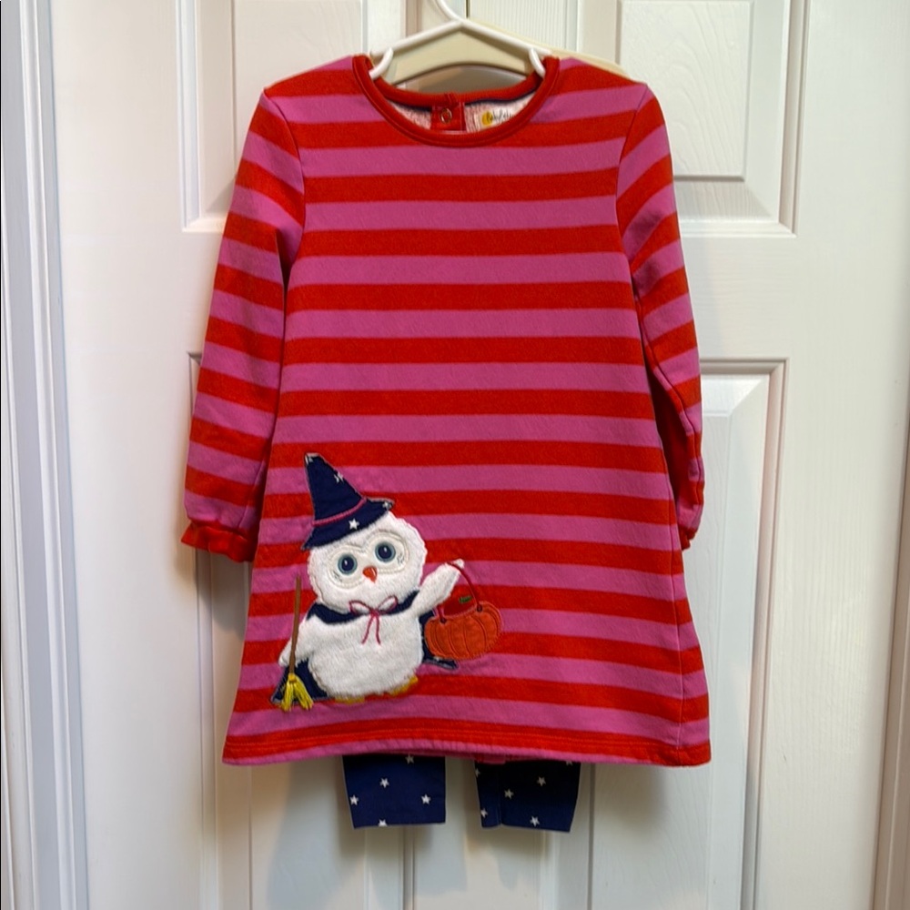 Mini Boden Halloween Striped Sweatshirt Dress with Owl Design 3-4 years